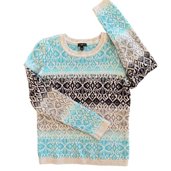 Talbots Nordic Nights Fair Isle Crewneck Sweater Sz Small Petite Lambswool Blend - Picture 2 of 4